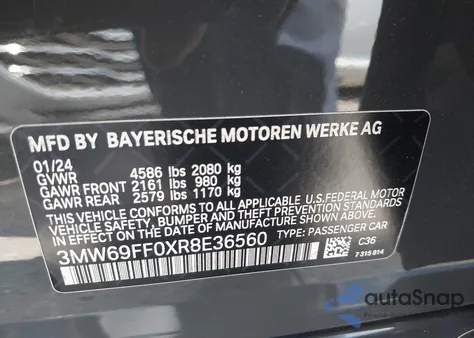 2024 BMW 3 Series 330I из США, поврежденный, VIN 3MW69FF0XR8E36560